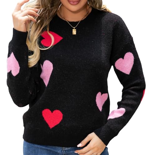 WangsCanis Damen Mode Pullover mit Herz Aufdruck Romantisch Übergroßer Pullover Top Liebe Herz Langarm Valentinstag Pullover Strickkleidung (2 Pink Red Black, S) von WangsCanis