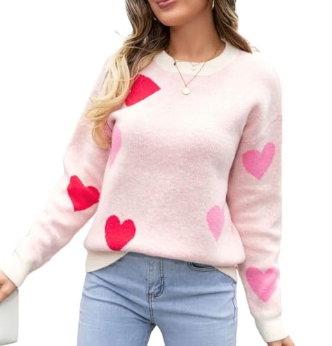 WangsCanis Damen Mode Pullover mit Herz Aufdruck Romantisch Übergroßer Pullover Top Liebe Herz Langarm Valentinstag Pullover Strickkleidung (3 Pink Red White, M) von WangsCanis