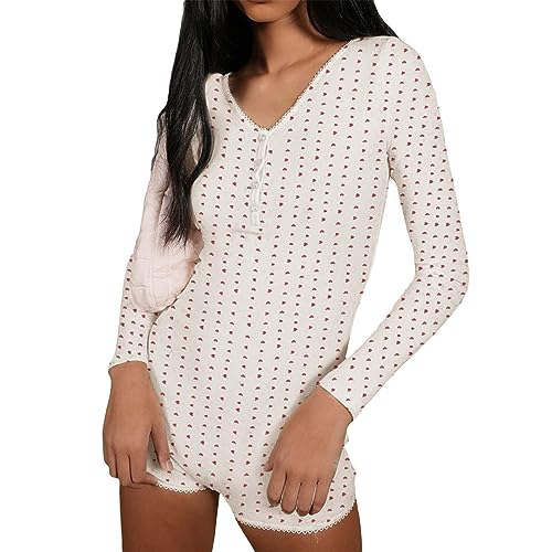 WangsCanis Damen Y2k Langarm Strampler Blumen Druck Overall Shorts Pyjama Einteiler Figurbetonter Body Frauen Nacht Jumpsuits Kleidung Nachtwäsche (Liebe Herzen, M) von WangsCanis