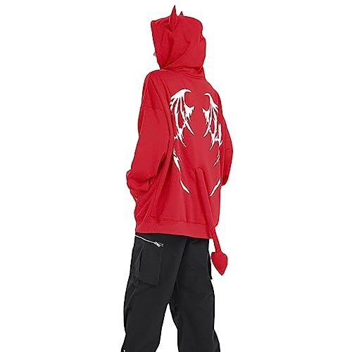 WangsCanis Damenjacke mit Kapuze, mit Tasche, Sweatshirt, Reißverschluss, Halloween, Kapuzenjacke, Teufelsflügel, Dekoration Vampir, Teufelsschwanz, Rot, 42 von WangsCanis