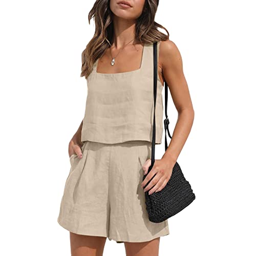 WangsCanis Zweiteiler Damen Sommer Outfit Crop Tank Top Hohe Taille Taschen Shorts Lounge Kleidung Passenden Set 2 Tlg Leinen Set (Khaki, M) von WangsCanis