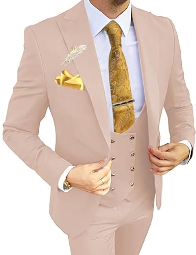 3-teilige Herrenanzüge Slim Fit Anzüge für Herren zweireihiger Anzug Herren Blazer Weste Hosen Hochzeit Abschlussball Anzüge, Hautfarben, 52 von Wangyue