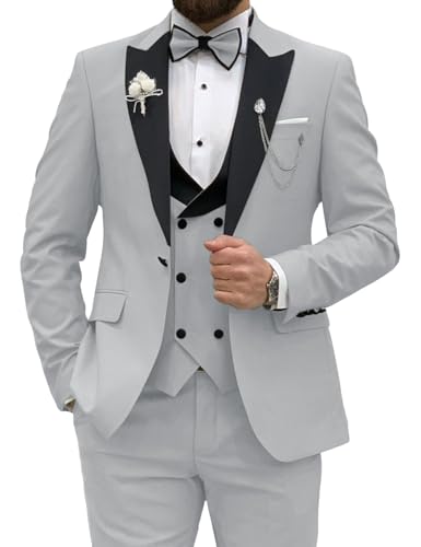 Herren Smoking Anzüge 3-teilig Slim Fit Ein-Knopf Schal Revers Blazer Smoking für Hochzeit Party Abendessen Abschlussball, Silbergrau, L von Wangyue