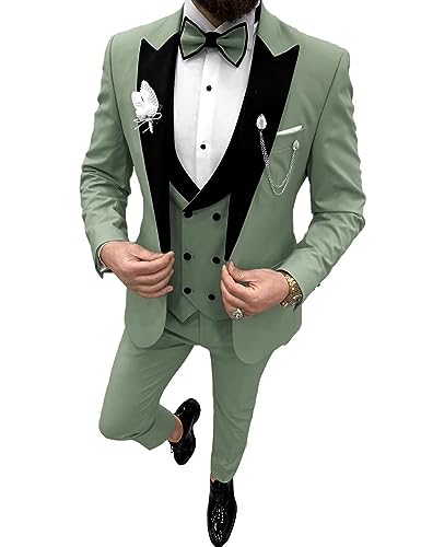 Smoking für Herren Slim Fit 3-teilige Anzüge formelle Hochzeit Trauzeugen Anzug Spitzrevers Abschlussball Smoking Anzüge mit Fliege, Dusty Green, XS von Wangyue