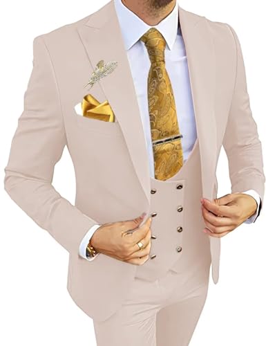 Wangyue Herren Anzüge 3 Stück Slim Fit Anzüge für Männer Zweireiher Anzug Männer Business Hochzeit Abschlussball Smoking Anzug, Beige, XX-Large von Wangyue