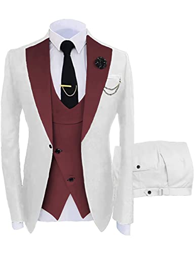 Wangyue Herren Anzug 3 Stück Slim Fit Anzug für Männer Hochzeit Bräutigam Anzug Abschlussball Smoking Anzug Formale Business Anzüge, Z-Burgunder-Weiß, 52 von Wangyue