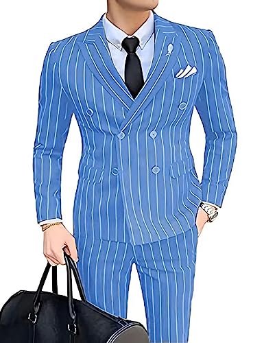 Wangyue Herren Nadelstreifen Anzug Slim Fit 2 Stück Zweireiher Blazer Hose für Hochzeit Business, Blau, L von Wangyue