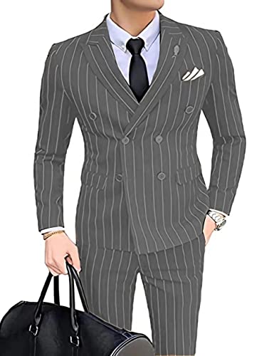 Wangyue Herren Nadelstreifen Anzug Slim Fit 2 Stück Zweireihige Blazer Hose für Hochzeit Business, grau, 5XL von Wangyue