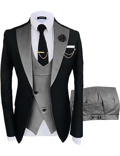 Wangyue Hochzeit Smoking Zweireiher Anzüge für Männer 3 Stück Slim Fit Anzug Prom Anzug 2023 Formale Anzug Weste Hosen Sets, Schwarz / Grau, 5XL von Wangyue