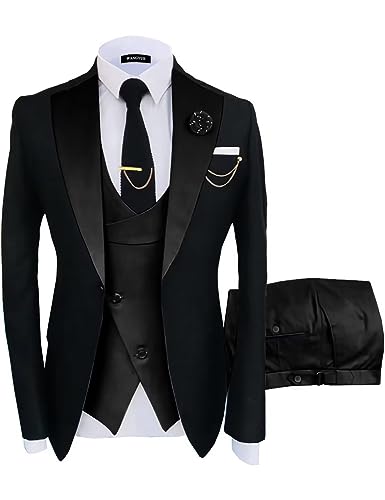 Wangyue Hochzeit Smoking Zweireiher Anzüge für Männer 3 Stück Slim Fit Anzug Prom Anzug 2023 Formale Anzug Weste Hosen Sets, Schwarz-Schwarz, XL von Wangyue