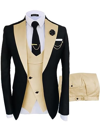 Wangyue Hochzeit Smoking Zweireiher Anzüge für Männer 3 Stück Slim Fit Anzug Prom Anzug 2023 Formale Anzug Weste Hosen Sets, schwarz-champagner, L von Wangyue