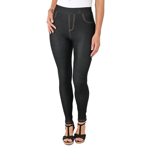 Damen-Jeggings mit hoher Taille, Denim, Jeans-Optik, nahtlos, Stretch-Passform, schlankmachende Hose, Leggings, Schwarz , Medium/Large von Want Clothing