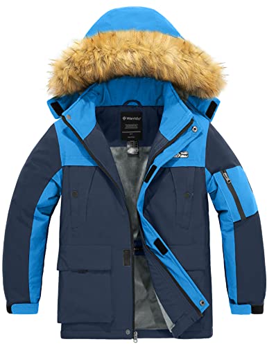 Wantdo Jungen Berg Wandern Jacke Outdoor Windproof Skijacke wasserdichte Windbreaker Jacke Kunstpelz Kapuze Mantel Blau 128-134 von Wantdo