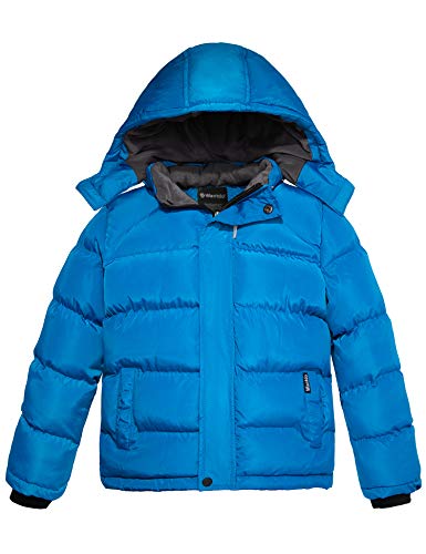 Wantdo Jungen Winter Warm Fleece Mäntel Verdickte Baumwolle Gepolstert Jacke Klassische Winddichte Gesteppte Parka Mäntel Outdoor Kapuzenjacke Blau 128-134 von Wantdo