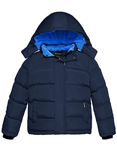 Wantdo Jungen Winter Warm Fleece Mäntel Verdickte Baumwolle Gepolstert Jacke Klassische Winddichte Gesteppte Parka Mäntel Outdoor Kapuzenjacke Dunkelblau 128-134 von Wantdo