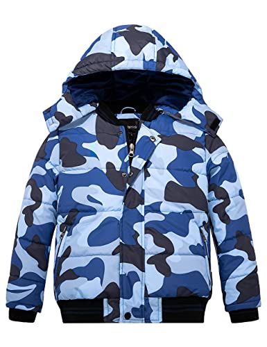 Wantdo Jungen Winter Warm Fleece Mantel Verdickte Baumwolle Gepolstert Jacke Winddichte Oberbekleidung Mantel Outdoor Kapuze Jacke Blau Tarnung 116-122 von Wantdo