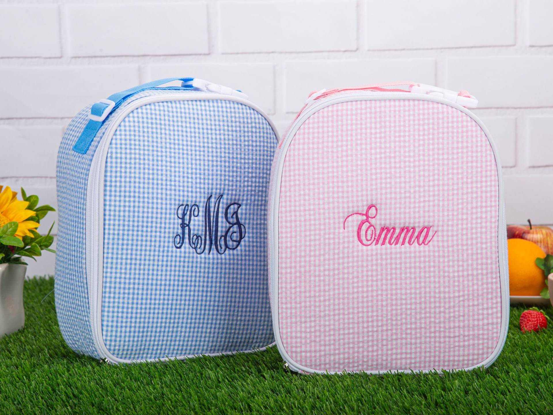 Personalisierte Brotbeutel, Seersucker Lunch Bag, Box Für Kinder, Monogramm Bag Kinder Jungen & Mädchen Bestickte Box Back To School von WantingStudio