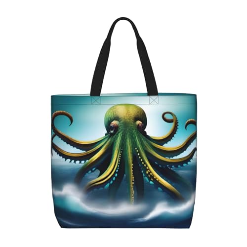 Kraken Nature Ocean Damen-Schultertasche mit Reißverschluss, großes Fassungsvermögen, geeignet für Shopping, Schule und Arbeit und andere tägliche Verwendung, Schwarz , Einheitsgröße von WapNo