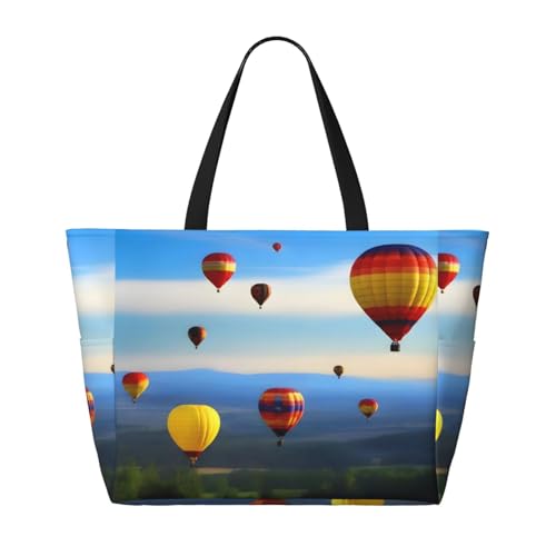 WapNo Heißluftballon im Himmel Strand-Reisetasche, Schulter-Einkaufstasche, tägliche Reise, Schulter-Handtasche, große Kapazität Aufbewahrungstasche, Schwarz , Einheitsgröße von WapNo