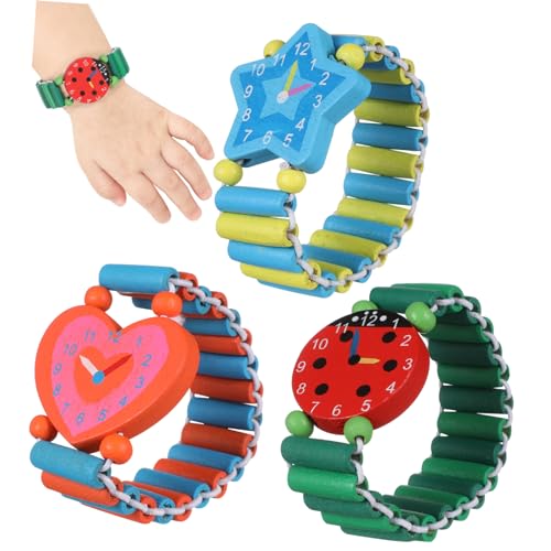 Warmhm 4 Stück Cartoon Armbanduhr Spielzeug Kinder holzspielzeug Kinder Armbanduhr Armband zum Basteln aus Holz Schlagarmbänder für Kinder Mädchenspielzeug Uhrenarmband aus Holz Mini Gurt von Warmhm