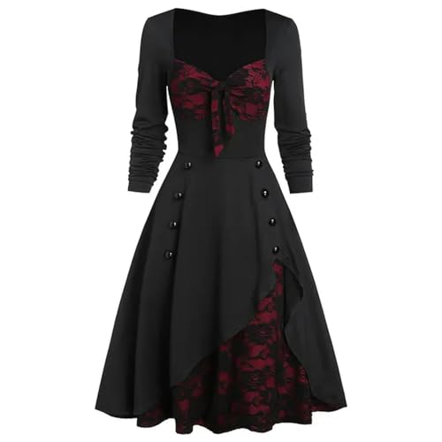 WatSKY Plus Size 5XL Halloween Goth Vintage Damen Kleid Mode Patchwork Spitze Schleife Ausschnitt Langarm Retro Partykleid Knopf Robe Femme-Weinrot-L von WatSKY