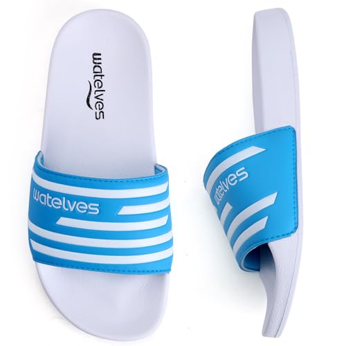 WateLves Badelatschen Kinder Sommer Hausschuhe Badeschlappen Jungen Mädchen Rutschfeste Dusch Badeschuhe Strand Sandalen(Gestreift Weiß 34/35EU) von WateLves