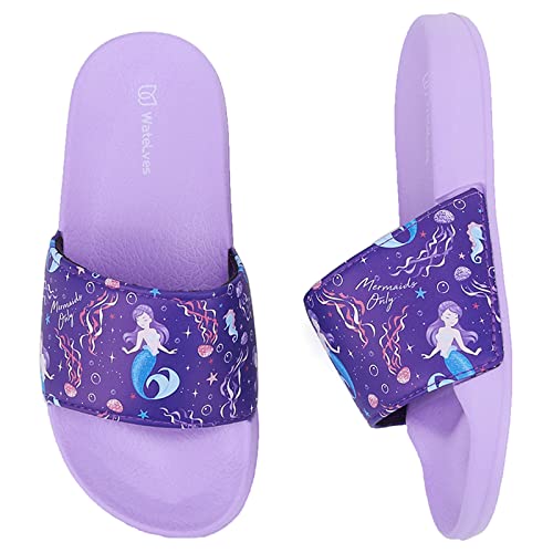 WateLves Badelatschen Kinder Sommer Hausschuhe Badeschlappen Jungen Mädchen Rutschfeste Dusch Badeschuhe Strand Sandalen(Lila Meerjungfrau 32/33EU) von WateLves