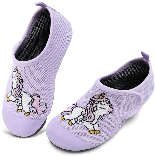 WateLves Hausschuhe Kinder Mädchen Slipper rutschfeste Leichte Turnschläppchen Flexibe Atmungsaktive Barfuss Pantoffeln Kindergarten Unisex(Mst Lila Einhorn,32 33 EU) von WateLves