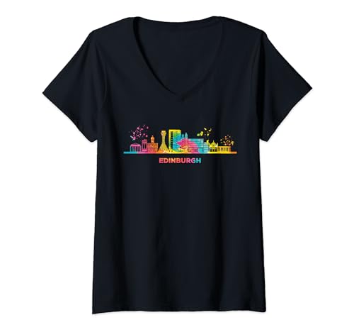 Damen Edinburgher Skyline Buntes Stadtbild Edinburgh T-Shirt mit V-Ausschnitt von Watercolor City Art Skyline Designs