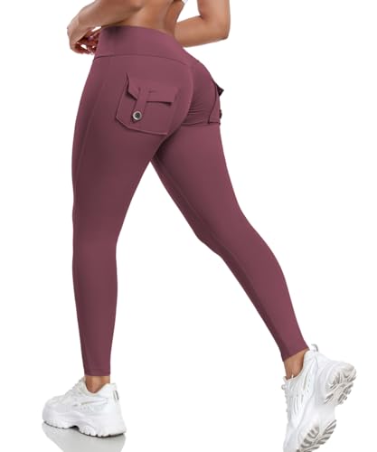 Wavar Scrunch Butt Lifting Leggings mit Taschen, Cargo-Leggings für Damen, Workout, Cargohose, Bauchkontrolle, Yogahose, #3 Burgunderrot, M von Wavar