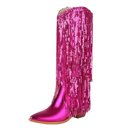 Wavyvigs Damen Cowboystiefel mit Fransen mittelhohe Wade und Quaste Partykleid Stiefel glitzernde Westernstiefel Rose Mark Size 38 von Wavyvigs