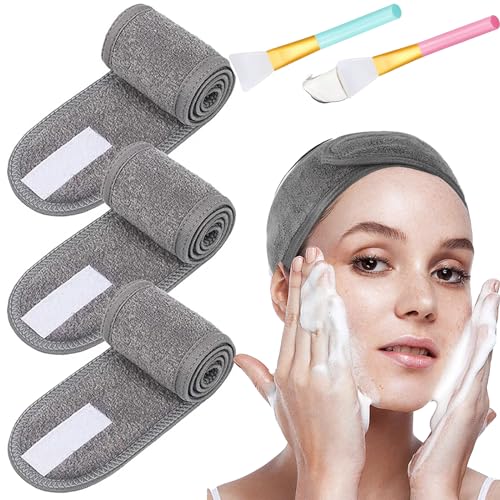 3 Stück Makeup Haarband, Verstellbares Stretch-Handtuch mit Magic Tape mit 2 Stücke Silikonpinsel, Spa Gesicht Stirnband für Schminken und Gesicht Waschen Frottee Haarband(Grau) von Waymaytecy