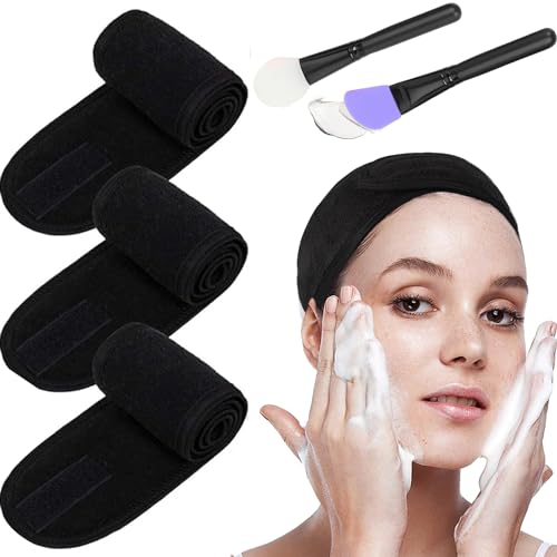 3 Stück Makeup Haarband, Verstellbares Stretch-Handtuch mit Magic Tape mit 2 Stücke Silikonpinsel, Spa Gesicht Stirnband für Schminken und Gesicht Waschen Frottee Haarband(Schwarz） von Waymaytecy