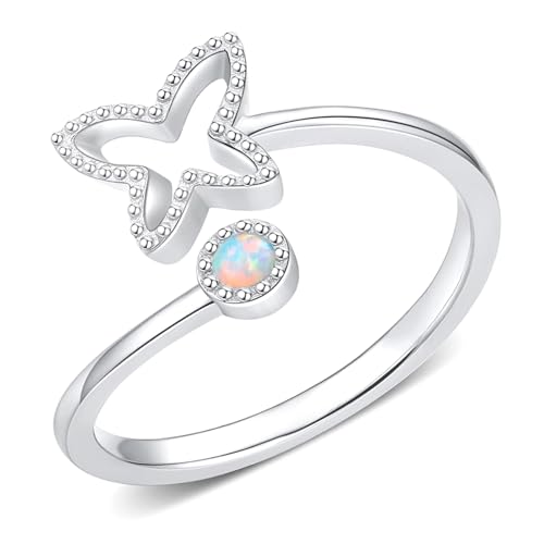 Schmetterling Opal Ring 925 Sterling Silber Schmetterlings Ringe Damen Verstellbarer Schmetterling Öffnen Ring für Frauen Mädchen 8# von Waysles