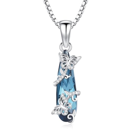 Schmetterlings Kristall Halskette 925 Sterling Silber Schmetterlings Anhänger mit blau Kristall Tier Kette Doppelte Schmetterlings Schmuck Geschenke für Damen Mädchen von Waysles