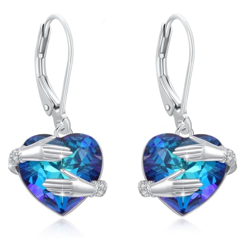 Umarmung Ohrringe hängend Damen 925 Sterling Silber Herz Ohrringe Umarmende Ohrringe blau Herz Kristalle Ohrhänger Herz Leverback Dangle Ohrringe Ohrschmuck Geschenke für Mädchen Kinder von Waysles