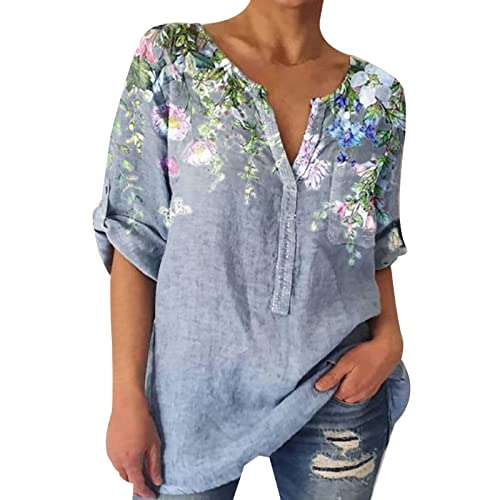 Damen T-Shirt V Ausschnitt,Damen Bluse Elegant V-Ausschnitt Hemden Langarm Casual Arbeit Oberteile mit Knöpfen Hemd Lose Langarmshirt Einfarbig Tops Oberteile Damen Schulterfrei von Wdgfv