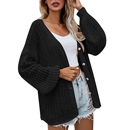 Wdgfv Damen Langarm Strickjacke,Strickjacke Damen Lange Strickpullover Strickcardigan Locker Schwarz Cardigan Front öffnen Ribbed Sweater Mantel Outwear Langarm Freizeitjacke Pulloverjacke Bluse von Wdgfv