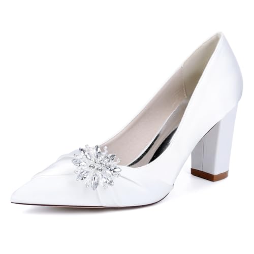 Blockabsatz Brautschuhe Pumps Damen Strass Satin Spitz Zehen Hochzeitsschuhe Brautjungfernschuhe 22014-1Y,Weiß,35 EU Blockabsatz Brautschuhe Pumps Damen Strass Satin Spitz Zehen Hochzeitsschuhe Brautjungfernschuhe 22014-1Y,Weiß,35 EU von WeFloHsL