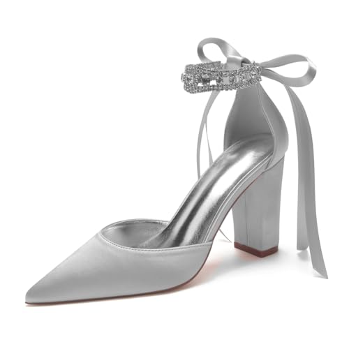 Frauen Strass Riemen Hochzeitsschuhe 9cm Blockabsatz Pumps Spitz Zehen Satin Party Brautschuhe 132-10,Silber,40 EU Frauen Strass Riemen Hochzeitsschuhe 9cm Blockabsatz Pumps Spitz Zehen Satin Party Brautschuhe 132-10,Silber,40 EU von WeFloHsL