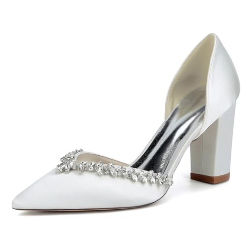 Satin Hochzeitsschuhe Blockabsatz Pumps Damen Strass Spitze Zehen Brautschuhe Partyschuhe 22014-17YK,Elfenbein,41 EU Satin Hochzeitsschuhe Blockabsatz Pumps Damen Strass Spitze Zehen Brautschuhe Partyschuhe 22014-17YK,Elfenbein,41 EU von WeFloHsL