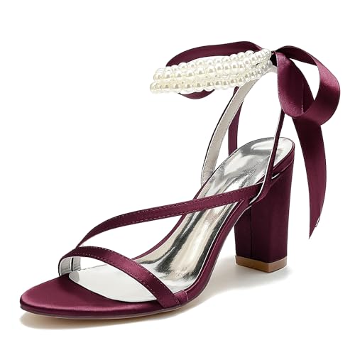 WeFloHsL Damen Brautsandalen Aus Perlen Satin Blockabsatz 8,5 Cm Knöchelriemen Offene Zehen Abend Hochzeitsschuhe 2022-50SS,Burgundy,36 EU von WeFloHsL