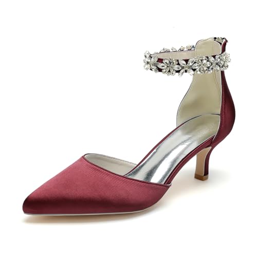 WeFloHsL Damen Brautschuhe Mit Kitten Absatz Knöchelriemen Pumps Spitze Zehen Strass Satin Hochzeits Party Schuhe 2102-03GLTA,Burgundy,35 EU von WeFloHsL