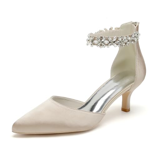 WeFloHsL Damen Brautschuhe Mit Kitten Absatz Knöchelriemen Pumps Spitze Zehen Strass Satin Hochzeits Party Schuhe 2102-03GLTA,Champagne,35 EU von WeFloHsL