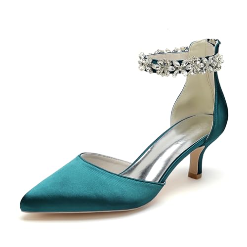 WeFloHsL Damen Brautschuhe Mit Kitten Absatz Knöchelriemen Pumps Spitze Zehen Strass Satin Hochzeits Party Schuhe 2102-03GLTA,Teal,35 EU von WeFloHsL