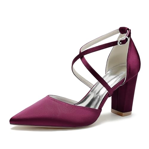 WeFloHsL Damen Brautschuhe Satin Riemchenpumps Blockabsatz Spitzer Zehen Party Hochzeitsschuhe 22014-59,Burgundy,38 EU von WeFloHsL