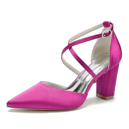 WeFloHsL Damen Brautschuhe Satin Riemchenpumps Blockabsatz Spitzer Zehen Party Hochzeitsschuhe 22014-59,Fuchsia,38 EU von WeFloHsL