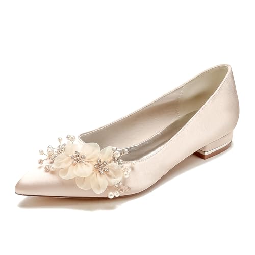 WeFloHsL Damen Flache Hochzeits Brautschuhe Blume Satin Ballerinas Spitzer Zehen Braut Abendschuhe 18447-1S,Champagne,36 EU von WeFloHsL