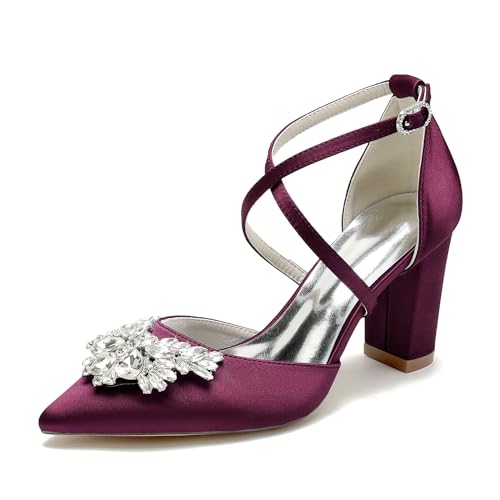 WeFloHsL Damen Knöchelriemen Hochzeitspumps Blockabsatz Satin Strass Spitze Zehen Party Brautschuhe 22014-59F,Burgundy,36 EU von WeFloHsL