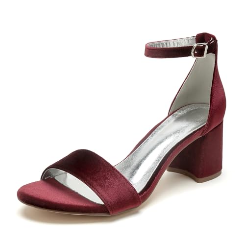 WeFloHsL Damen Knöchelriemen Sandalen Mit Niedrigem Blockabsatz Samt Offene Zehen Hochzeitskleid Party Schuhe 858-5K,Burgundy,37 EU von WeFloHsL